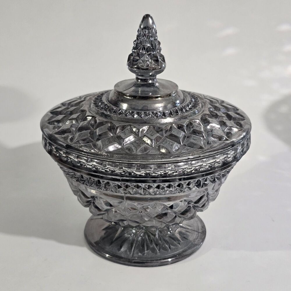 Vintage - Anchor Hocking - Candy Dish - Wexford Dark Glass Point Lid - Gray